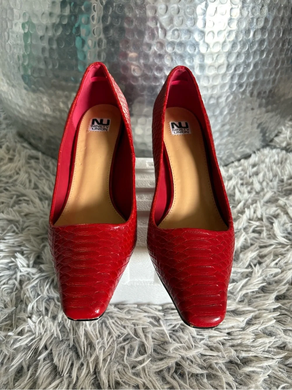 NEW ART Red Snakeskin Alligator Leather Pointed Toe Pumps Wedge Heels Shoes